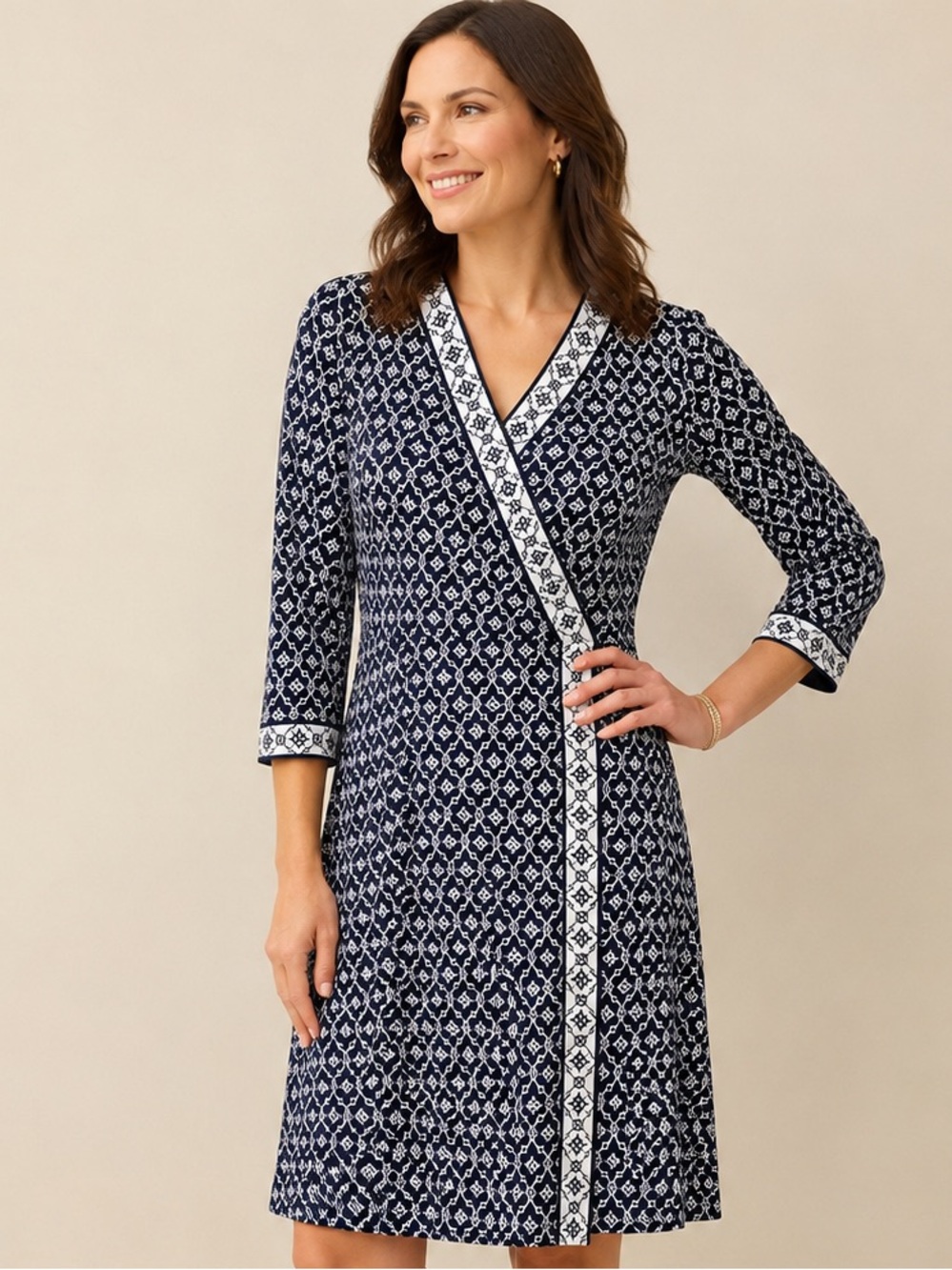 Talbots Navy White Geo Print Faux Wrap Dress Stretch 3/4 Sleeve Size M